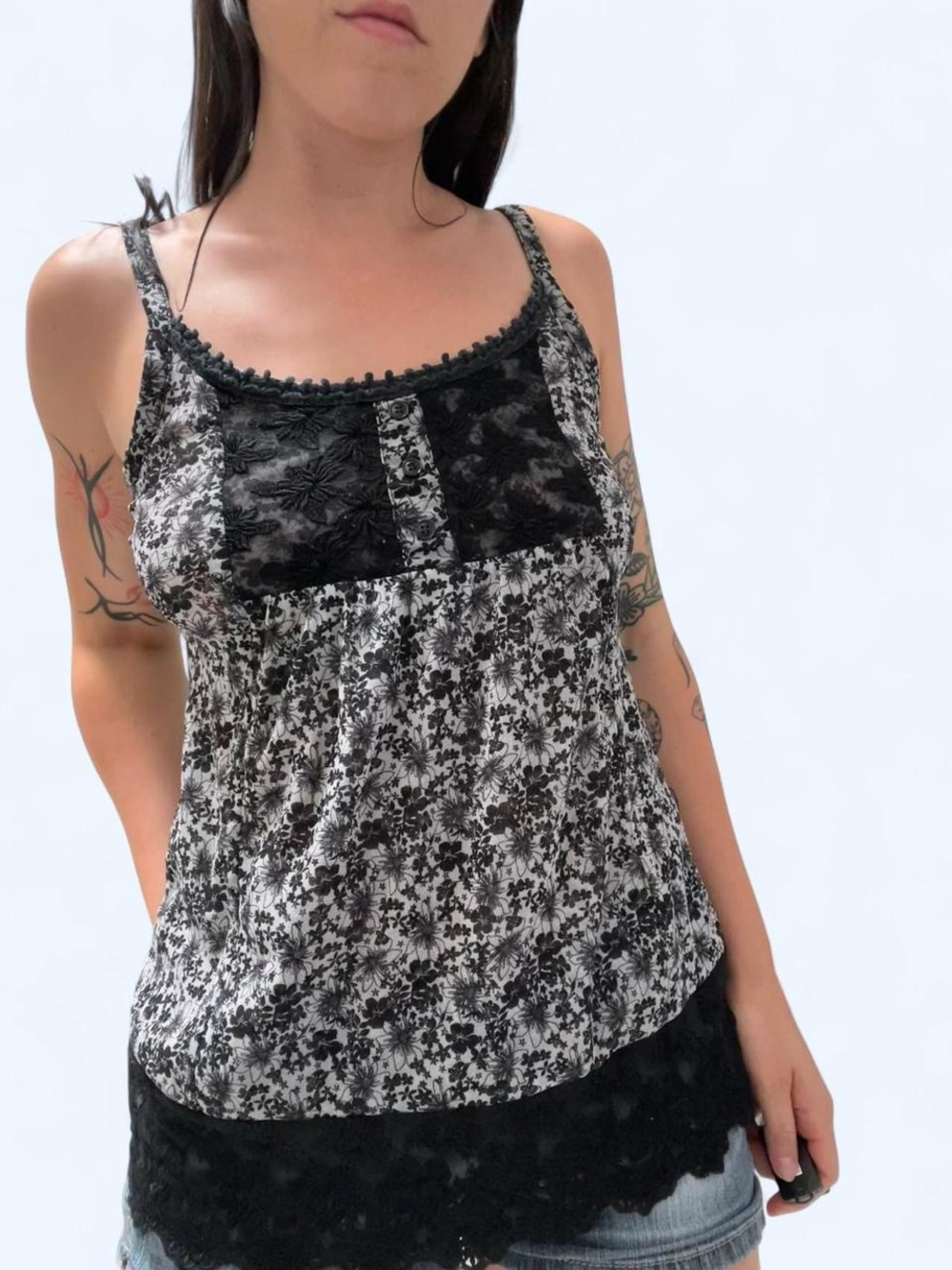 Black & White Floral Lace Trim Tank Top